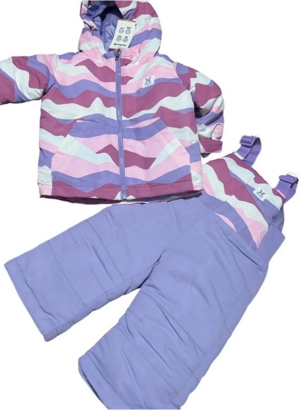 Hurley Girls' Lavender, Pink & White Wave Snow Jacket with Bib Overalls